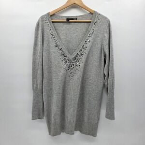 Eileen Fisher Sweater‎ Womens Large Sequined V-neck Gray Organic Cotton/Cashmere